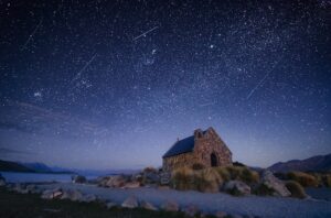 Night sky over Good Shepherd's Chapel, Lake Tekapo, New Zealand