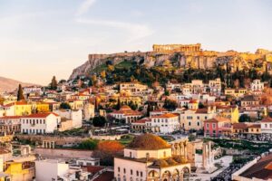 Plaka historic district and Acropolis on a sunny day, elevated view, Athens, Greece-cm