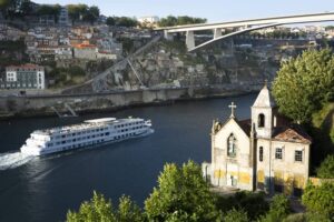 View from Gaia to Douro river with cruise ship, Porto, Portugal -cm