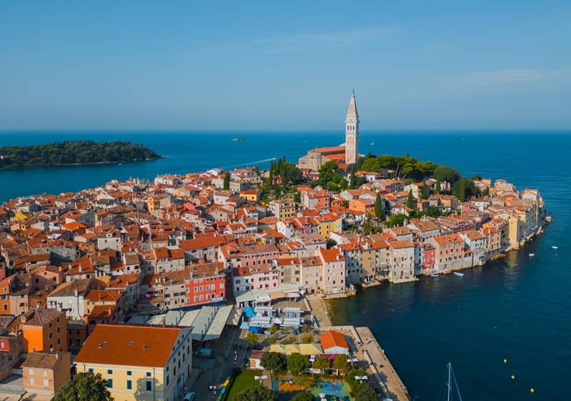 Aerial view of Rovinj historic center, Idyllic Istrian coastal town in Croatia, top-rated Mediterranean travel destination-cm
