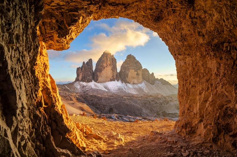 Beautiful scenery of Tre Cime di Lavaredo in the Dolomites during sunset, Italy-cm